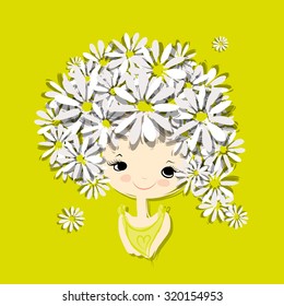 Female portrait with floral hairstyle for your design. Vector illustration