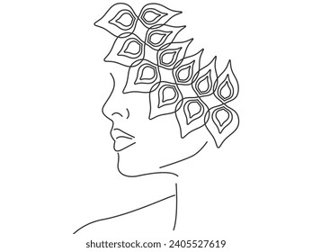 Female portrait with floral ornament. Elegant lady profile retro beauty background. - Vector illustration.