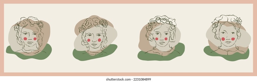 Female portrait with flower collection set of clipart. Framed drawing of cartoon girl in hand drawn scribble style. Facial illustration element. 