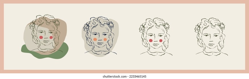 Female portrait with flower collection set of clipart. Framed drawing of cartoon girl in hand drawn scribble style. Facial illustration element. 