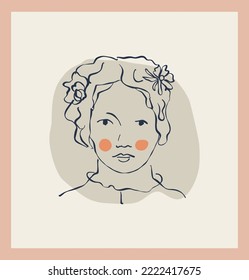 Female portrait with flower vector single clipart. Framed drawing of cartoon girl in hand drawn scribble style. Facial illustration for web avatar. 