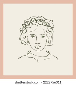 Female portrait with flower vector single clipart. Framed drawing of cartoon girl in hand drawn scribble style. Facial illustration for web avatar. 