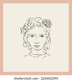 Female portrait with flower vector single clipart. Framed drawing of cartoon girl in hand drawn scribble style. Facial illustration for web avatar. 