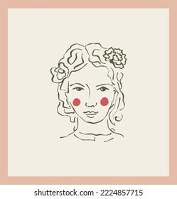 Retrato femenino con vector floral de un solo clipart. Dibujo enmarcado de una niña de caricatura en estilo garabato dibujado a mano. Ilustración facial para avatar web. 