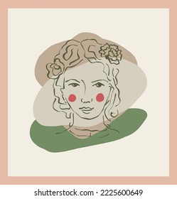 Female portrait with flower vector single clipart. Framed drawing of cartoon girl in hand drawn scribble style. Facial illustration for web avatar. 