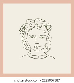Retrato femenino con vector floral de un solo clipart. Dibujo enmarcado de una niña de caricatura en estilo garabato dibujado a mano. Ilustración facial para avatar web. 