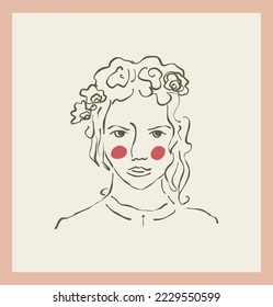 Female portrait with flower vector single clipart. Framed drawing of cartoon girl in hand drawn scribble style. Facial illustration for web avatar. 