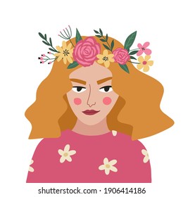 Female portrait with flowers. Beautiful spring girl character. Vector illustration