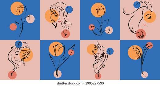 Female portrait and flowers. Vector set of design templates and illustrations in minimal linear style.  Minimalistic modern art. Beauty and fashion concept.
