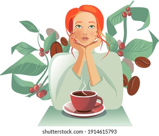 Female portrait. Full face portrait of young woman with orange hair and green eyes, wearing oversize sweater. The cup of coffee nearby her hand. Coffee beans in the background