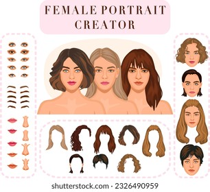 Female portrait generator. Avatar creator set. Faces of young women with different features and hairstyles. Diversity And variety Concept.
