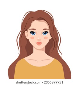 Female portrait. Girl with long hair and beautiful face. Young woman isolated on white background. Vector cartoon illustration in flat style. Poster or avatar.