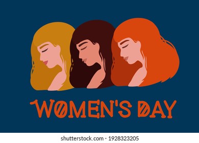 Female portrait of girls. Spring feminist greeting card for March 8. Cute girls of different races. Poster for International Women's Day. Vector illustration