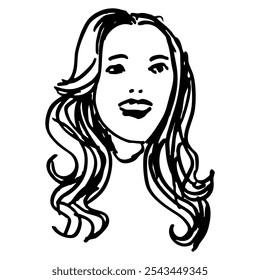 Retrato feminino. Cabeça de uma jovem sorridente com longos cabelos loiros soltos. Desenhado à mão linear rabiscar esboço bruto. Silhueta em preto e branco.