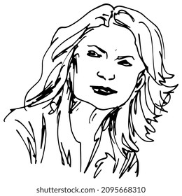 Female portrait. Head of a pretty young woman with blonde hair. Hand drawn linear doodle rough sketch. Black ink silhouette on white background. Isolated vector illustration.