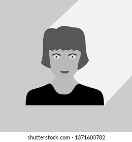 Female portrait with long shadow. Woman head with hairstyle. Grayscale vector graphic illustration. 