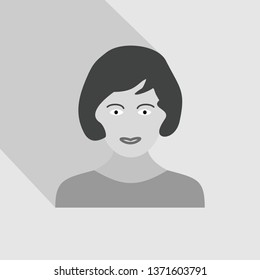 Female portrait with long shadow. Woman head with hairstyle. Grayscale vector graphic illustration. 