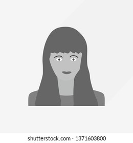 Female portrait with long shadow. Woman head with hairstyle. Grayscale vector graphic illustration. 