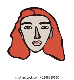 Female portrait, minimalistic linear red haired girl, light face with dark eyes. Irish or Englishwoman facial features. Scandinavian primitive graphic style. Bright colour combination