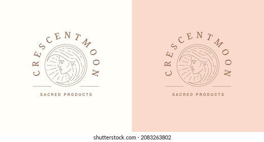 Female portrait as moon crescent logo emblem design template vector illustration in minimal line art style. Linear woman face silhouette for esoteric logotype or witchcraft brand insignia