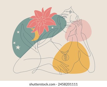 Female portrait and nature of tropical flower, Boho style woman hand drawn abstract simple line, Symbol of mystery in minimal linear. Vector design illustration.