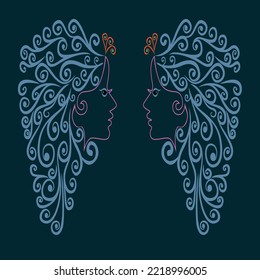 female portrait outline cartoon style symmetric curves decoration