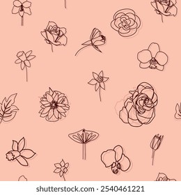 Female portrait Outline woman face, abstract flowers leaves, line continuous drawing vector seamless pattern.
