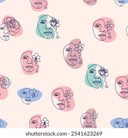 Female portrait Outline woman face, abstract flowers leaves, line continuous drawing vector seamless pattern.