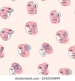 Female portrait Outline woman face, abstract flowers leaves, line continuous drawing vector seamless pattern.