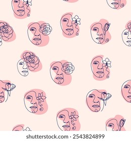 Female portrait Outline woman face, abstract flowers leaves, line continuous drawing vector seamless pattern.