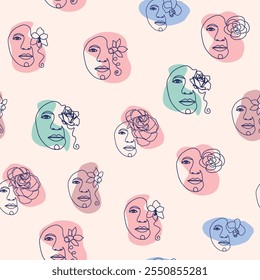 Female portrait Outline woman face, abstract flowers leaves, line continuous drawing vector seamless pattern.
