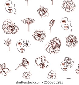 Female portrait Outline woman face, abstract flowers leaves, line continuous drawing vector seamless pattern.