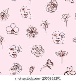 Female portrait Outline woman face, abstract flowers leaves, line continuous drawing vector seamless pattern.