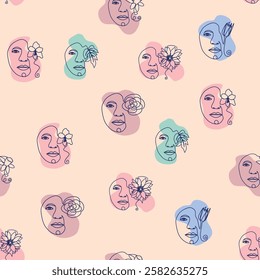 Female portrait Outline woman face, abstract flowers leaves, line continuous drawing vector seamless pattern.