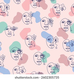 Female portrait Outline woman face, abstract flowers leaves, line continuous drawing vector seamless pattern