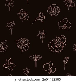 Female portrait Outline woman face, abstract flowers leaves, line continuous drawing vector seamless pattern