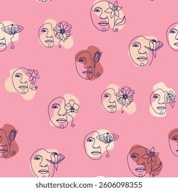 Female portrait Outline woman face, abstract flowers leaves, line continuous drawing vector seamless pattern.