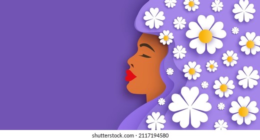 Female portrait with paper cut daisy flowers. Happy Women's day. Happy Mother's Day. Abstract Hand drawn paper cut floral shapes. Trendy contemporary art. 8 March. Spring. Very peri color.