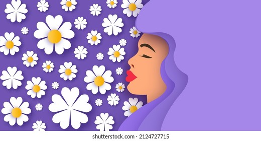 Female portrait with paper cut daisy flowers. Happy Women's day. Happy Mother's Day. Abstract Hand drawn paper cut floral shapes. Trendy contemporary art. 8 March. Spring. Very peri color.