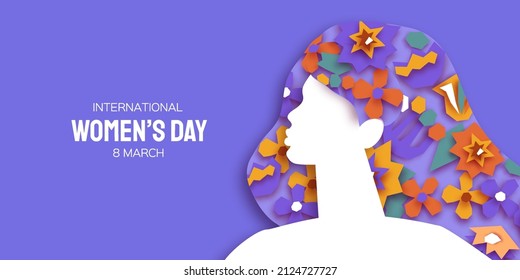 Female portrait with paper cut flowers. Happy Women's day. Happy Mother's Day. Abstract Hand drawn paper cut floral shapes. Trendy contemporary art. 8 March. Spring. Paper art work. Very peri color.