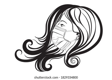 Female portrait in profile with disposable face mask illustration design.