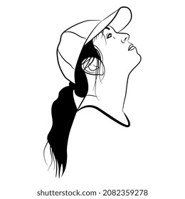Female portrait. Raised up head in profile. Young Caucasian woman with ponytail in a baseball cap. Cartoon style. Black and white silhouette.