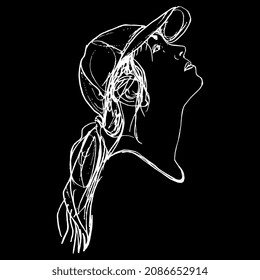 Female portrait. Raised up head in profile. Young woman with ponytail in a baseball cap looking up. Hand drawn linear doodle rough sketch. White silhouette on black background.