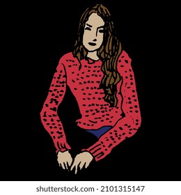 Female portrait. Seated young woman in red sweater with loose brown hair.  Hand drawn colorful rough sketch. On black background.