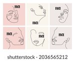 Female portrait set with linear faces on colorful background. Concept of logo and branding design templates in minimal style, for beauty center, haircut salon. Flat cartoon vector illustration