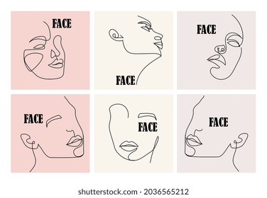 Female portrait set with linear faces on colorful background. Concept of logo and branding design templates in minimal style, for beauty center, haircut salon. Flat cartoon vector illustration