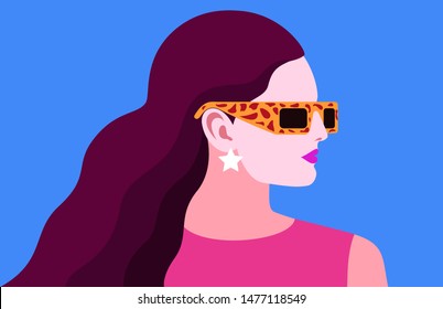 Female portrait, side view. Young woman wearing summer dress, sunglasses and earrings. Vector illustration