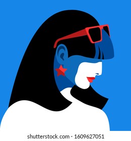 Female Portrait, Side View. Young Woman With Long Black Hair, Wearing Sunglasses And Earrings. Vector Illustration