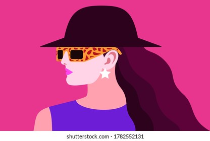 Female portrait, side view. Young woman wearing summer dress, sunglasses, hat and earrings. Vector illustration