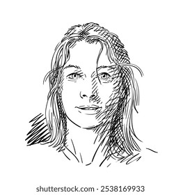 Boceto de retrato femenino a mano con líneas negras sobre fondo blanco, Cabeza de una mujer de cuarenta y tres años de edad que mira recta con una boca ligeramente abierta y una sonrisa, Ilustración vectorial dibujada a mano